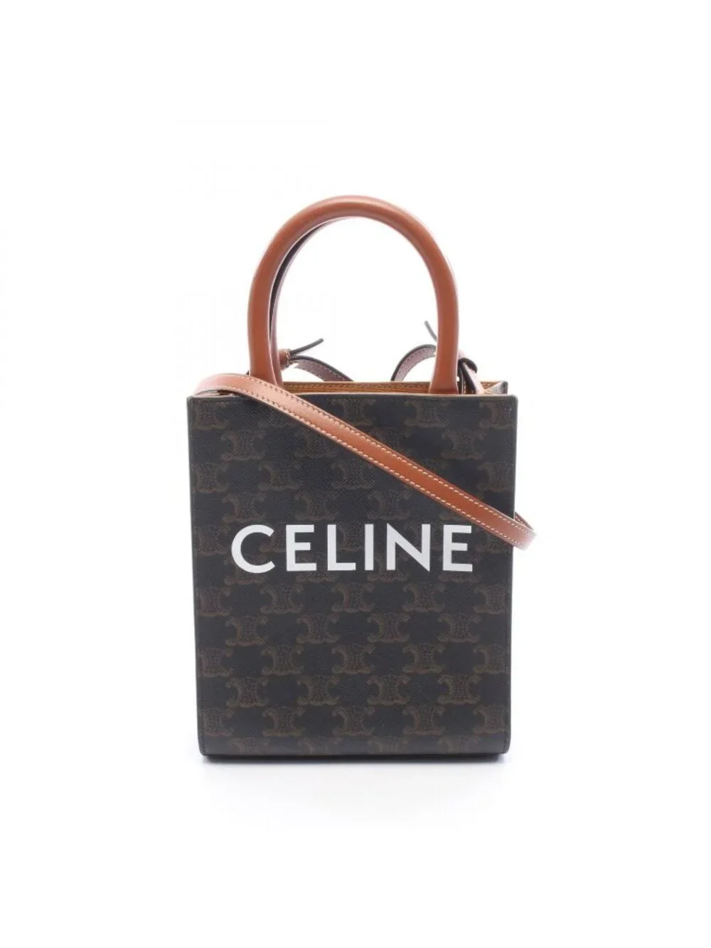 Celine Handbag Mini Vertical Cover Triomphe 2-Way Black Brown Canvas Leather